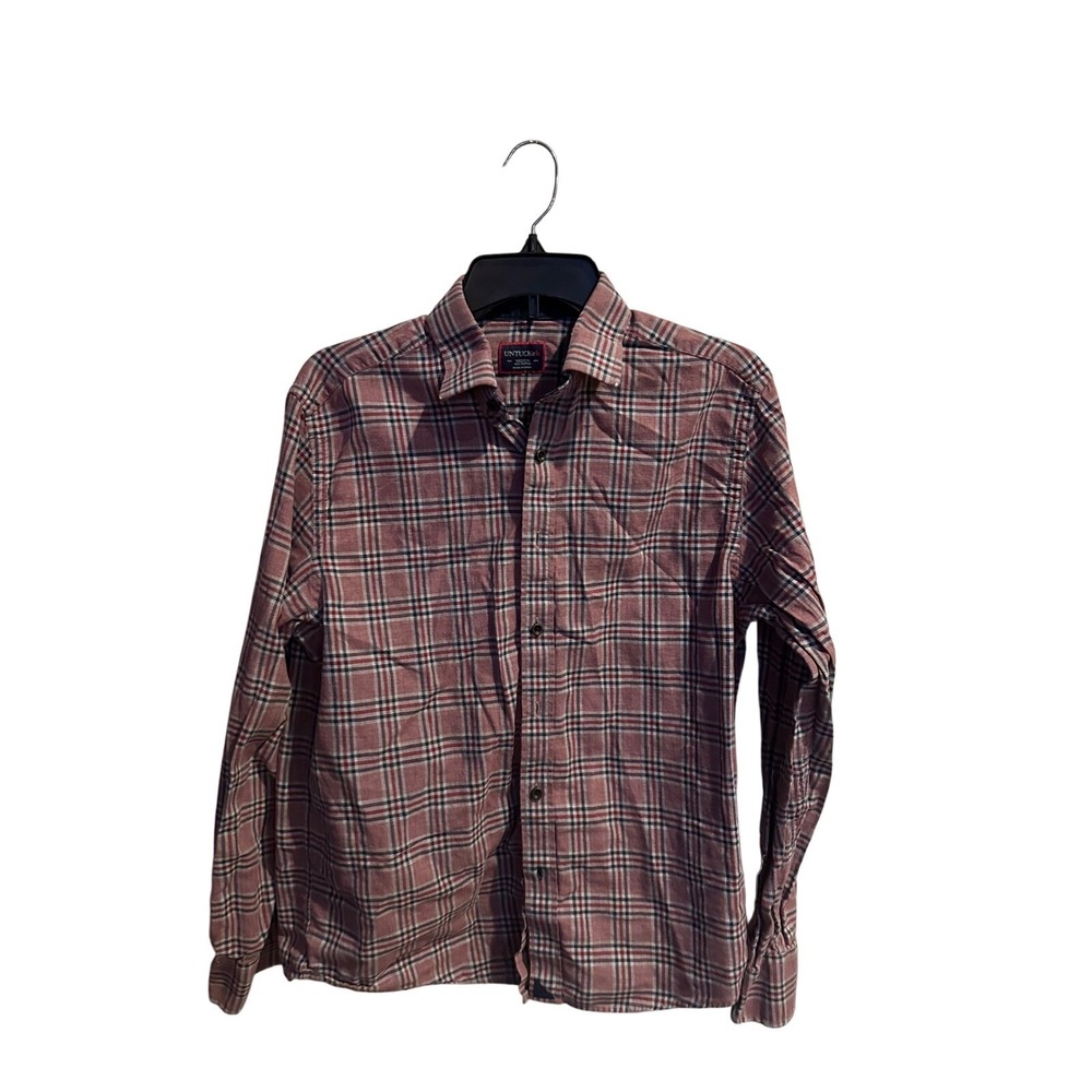 UNTUCKit Mens Medium Red Navy Plaid Cotton Long Sleeve Button Down Shirt